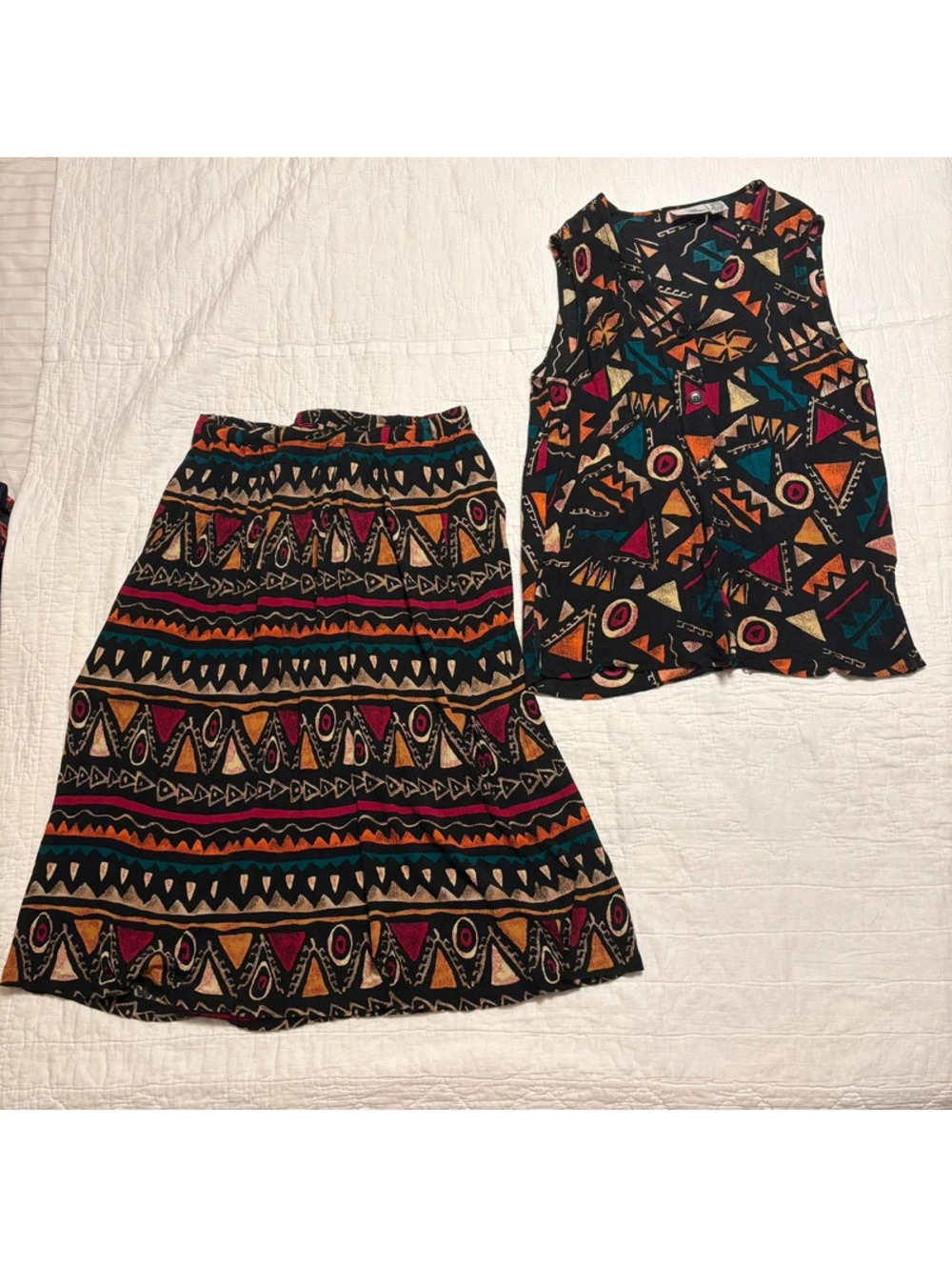 Vintage 90s Options by Worthington Geometric Tribal 2 Piece Skirt Set Large